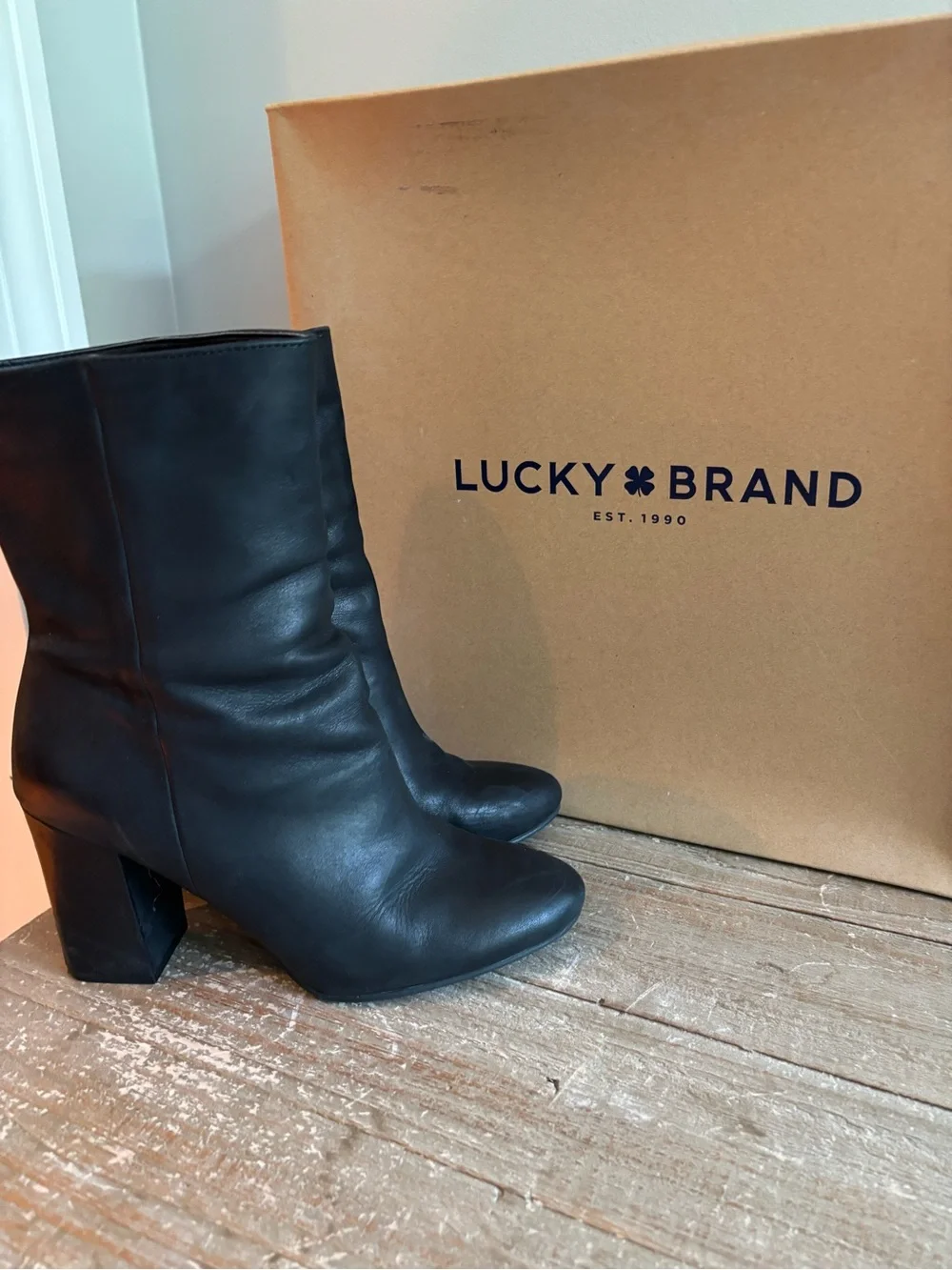 Lucky Brand Black Leather Mid-Calf Block Heel Boots